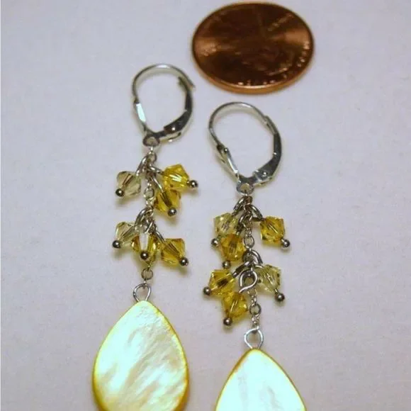 Handmade Yellow Shell & Crystal Sterling Silver Earrings - Picture 5 of 5